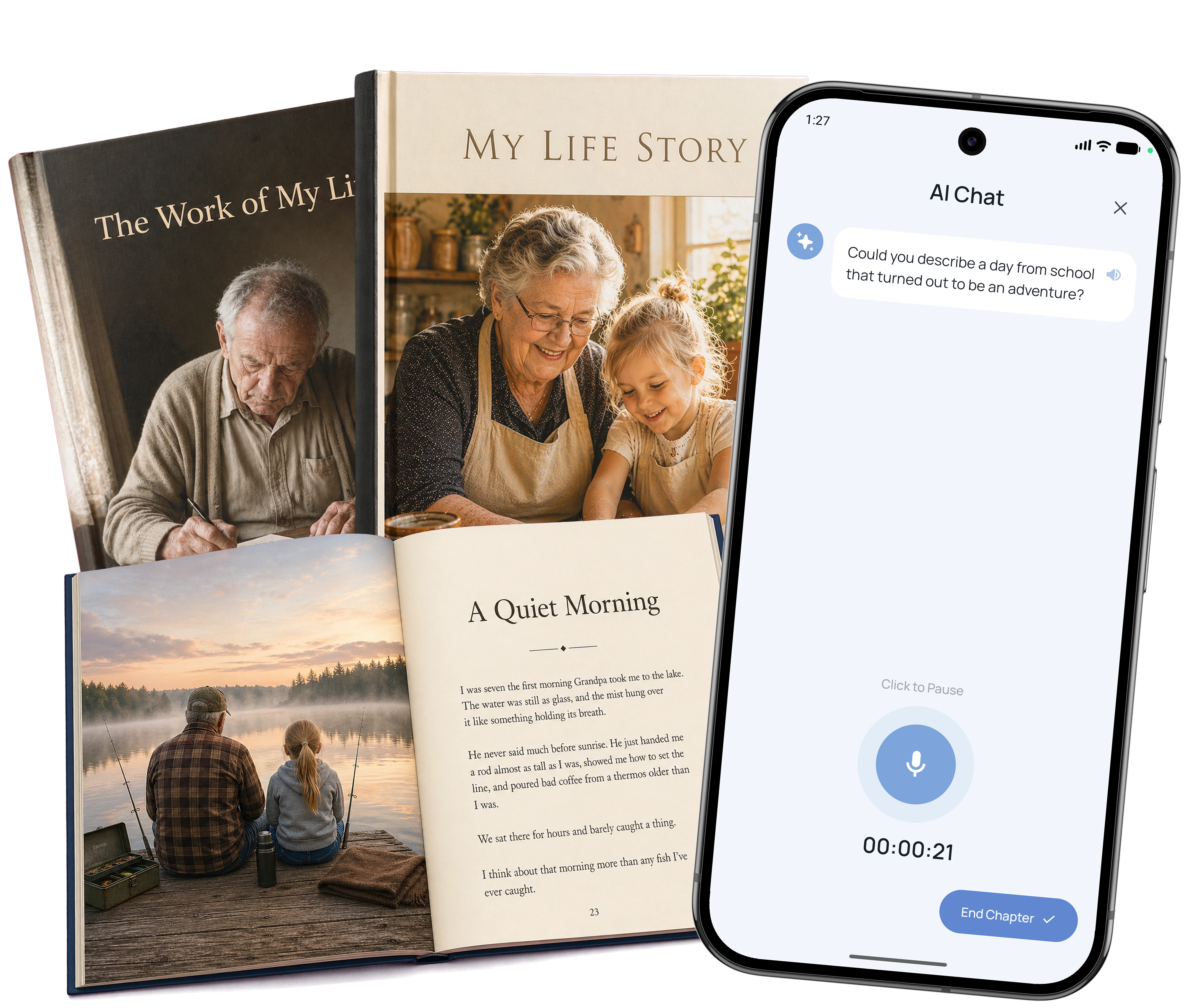 A scattered pile of hardcover memoir books, an open book showing a chapter spread, and the Nemosa app on a phone recording a story.