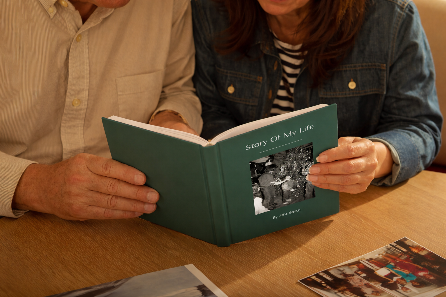 A beautifully crafted memory book open on a table